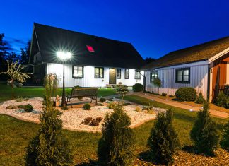 Swedish Villa House with Modern Garden at Night Time