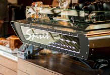 Modernist stone sculpture meets espresso machine