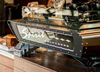 Modernist stone sculpture meets espresso machine