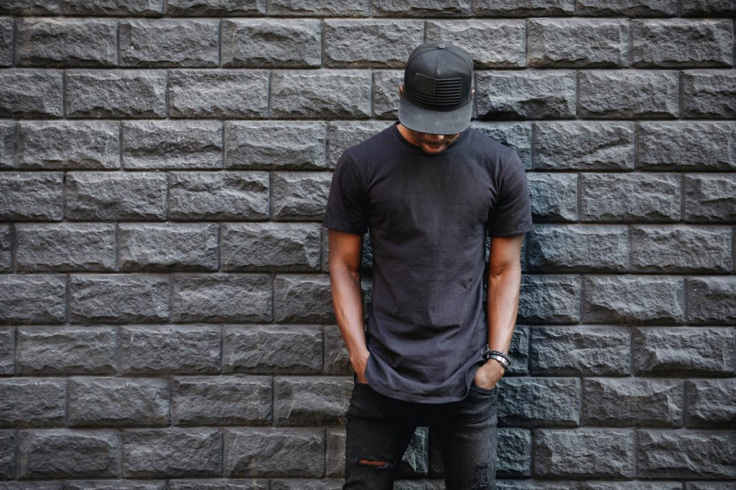 Handsome,African,American,Man,In,Blank,Black,T-shirt,Standing,Against